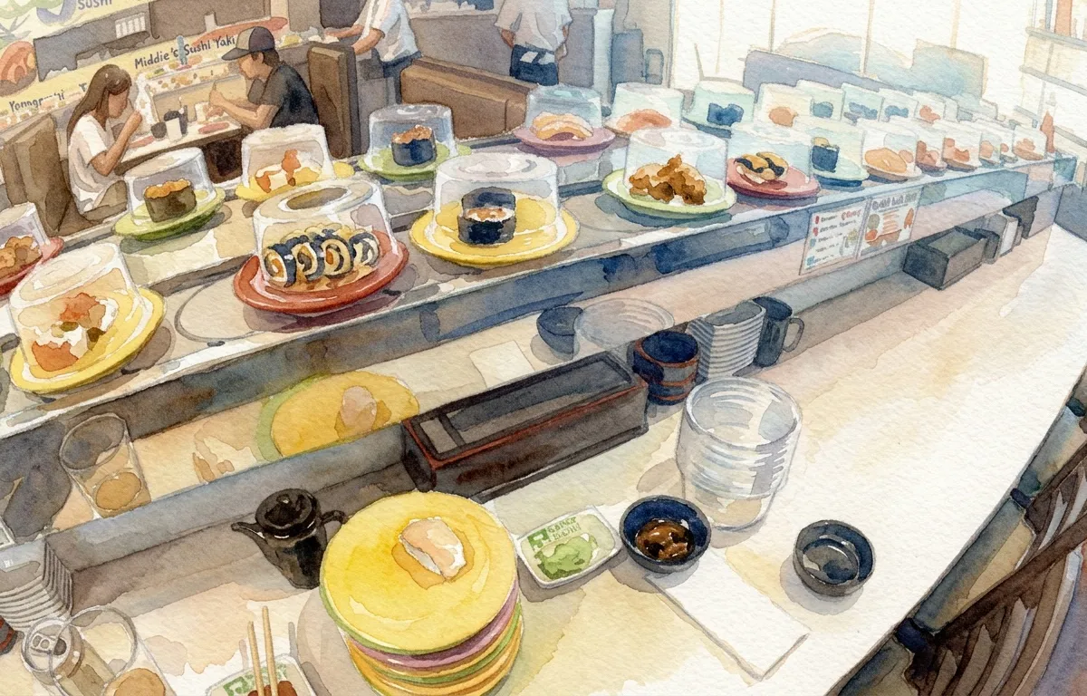 Watercolour illustration for He Copied Conveyor-Belt Sushi, Then Threw Out Its Price List
